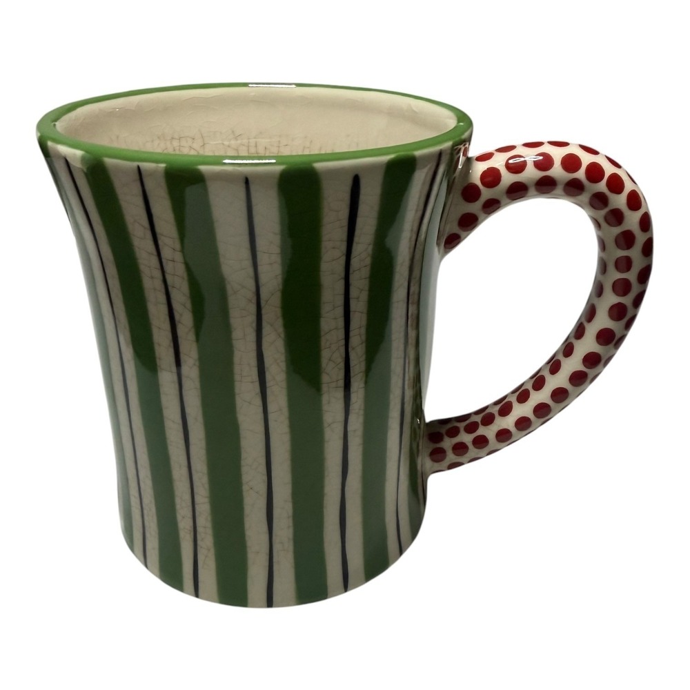 M Bagwell Simply Christmas Mug Green White Striped Red Polka Dot Handle Rare